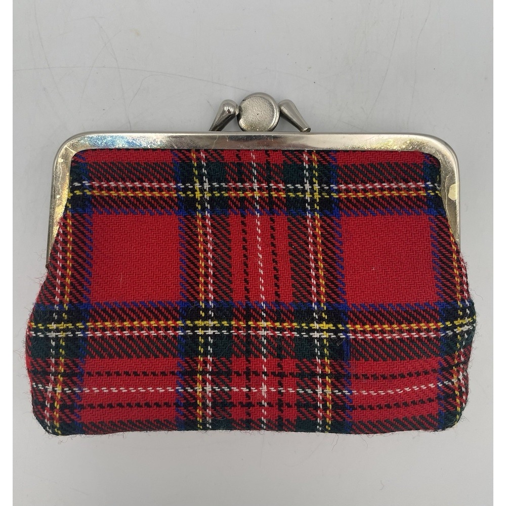 Vintage Red Tartan Wool Plaid Kiss Lock Coin Purse Wallet Double Pockets 5" MCM